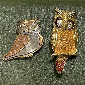 Two Gold Crystal Copper Silver Owl Pins Brooches